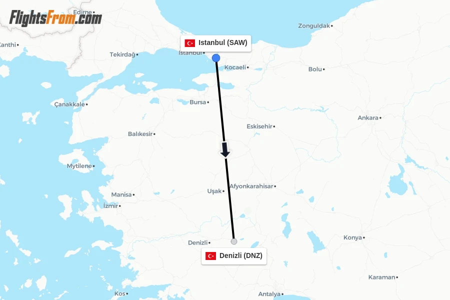 Flights from Istanbul to Denizli route map
