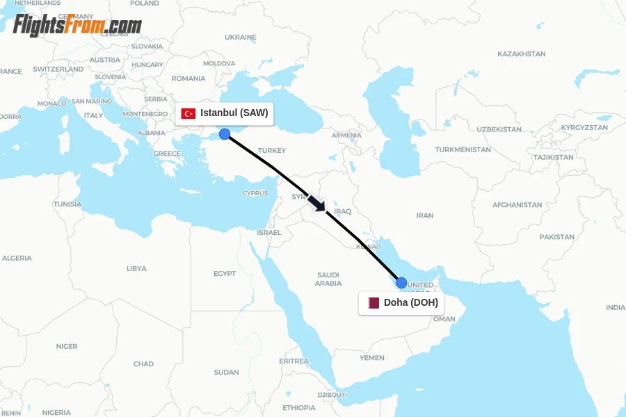 Flights from Istanbul to Doha route map