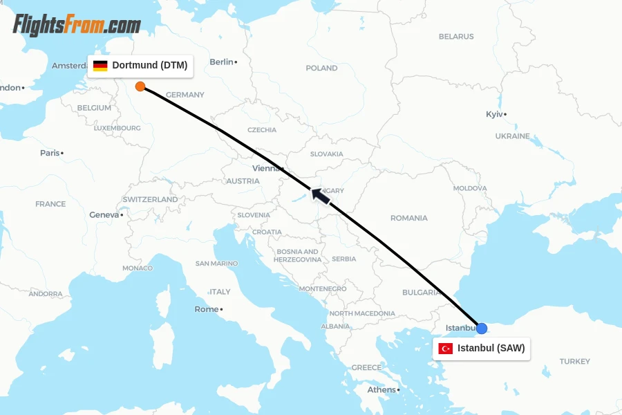 Flights from Istanbul to Dortmund route map