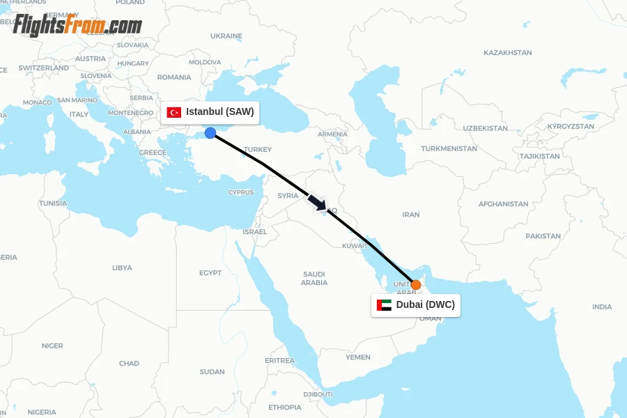 Flights from Istanbul to Dubai route map