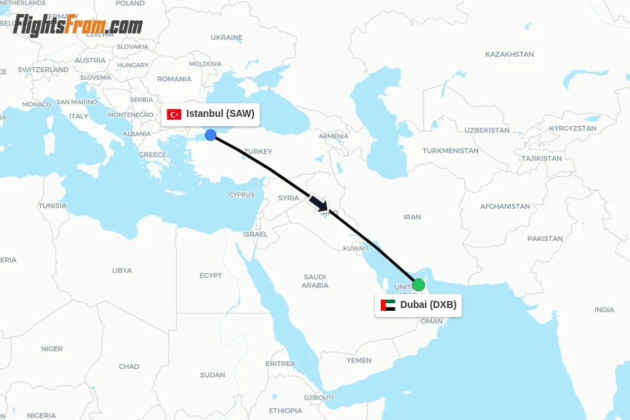 Flights from Istanbul to Dubai route map