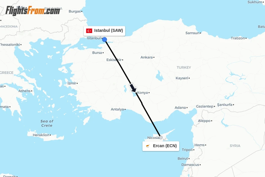 Flights from Istanbul to Ercan route map
