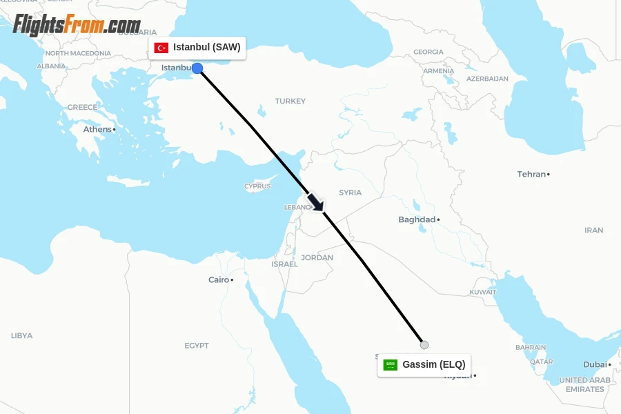 Flights from Istanbul to Gassim route map