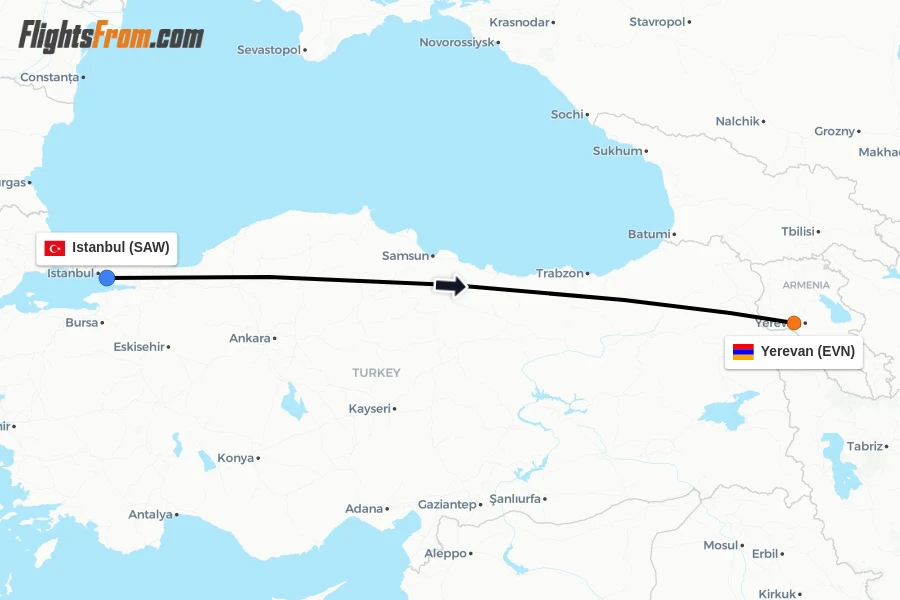 Flights from Istanbul to Yerevan route map