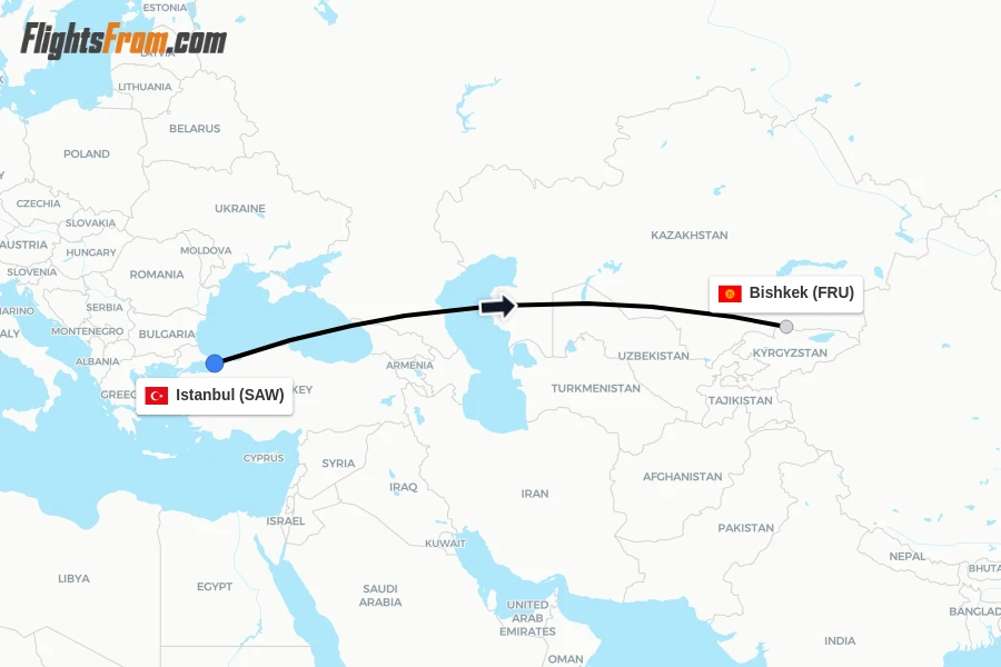 Flights from Istanbul to Bishkek route map