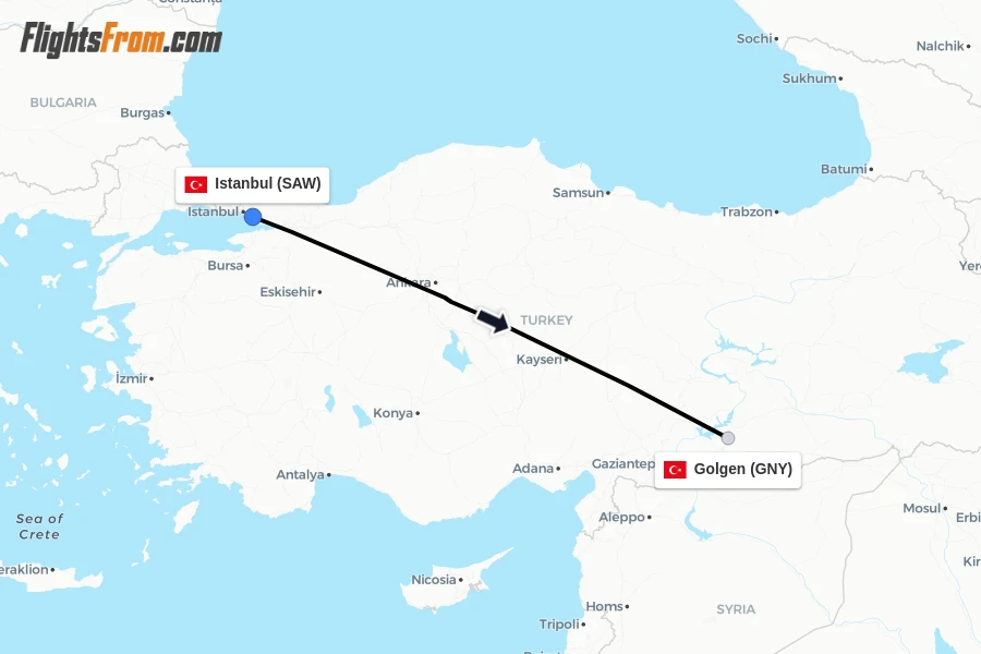 Flights from Istanbul to Golgen route map