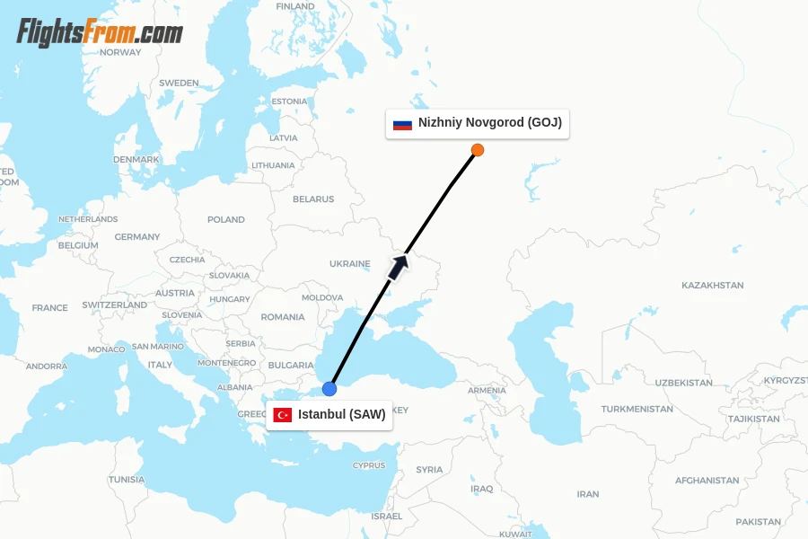 Flights from Istanbul to Nizhniy Novgorod route map
