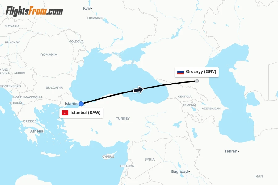 Flights from Istanbul to Groznyy route map