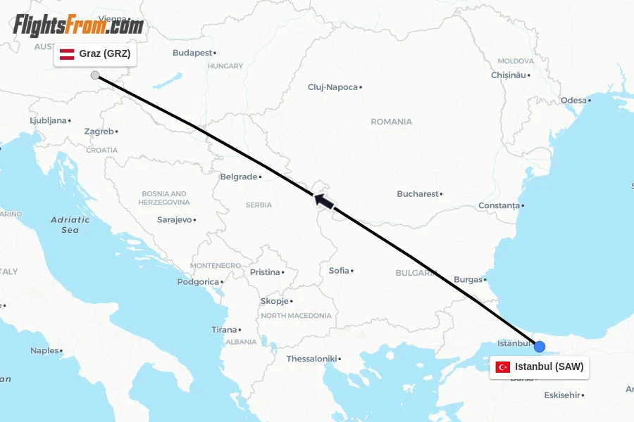 Flights from Istanbul to Graz route map
