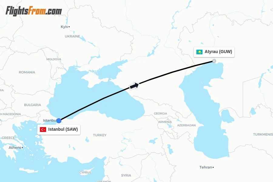 Flights from Istanbul to Atyrau route map