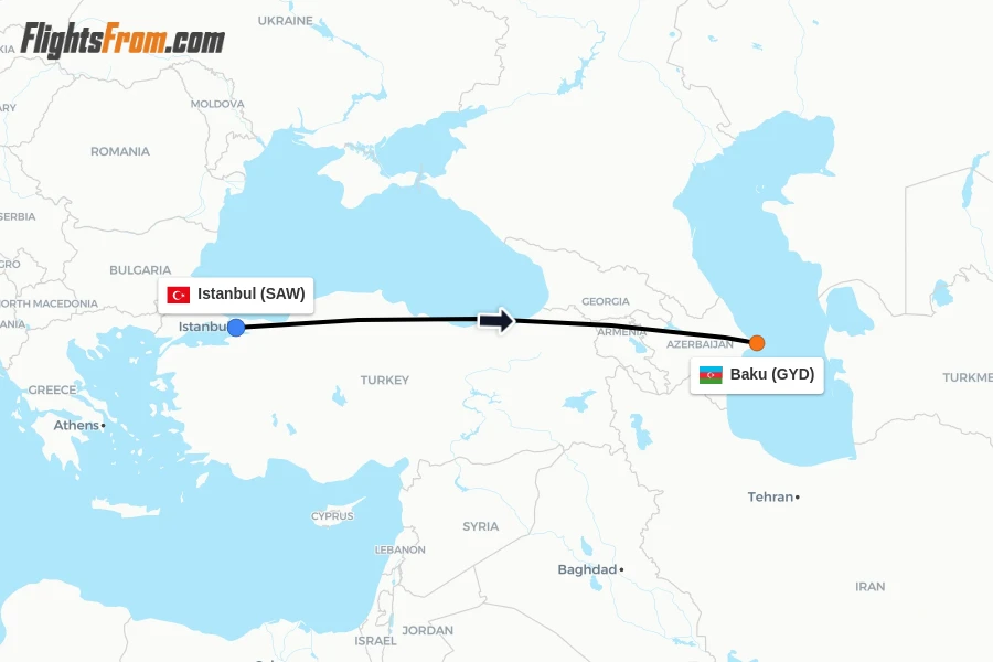 Flights from Istanbul to Baku route map