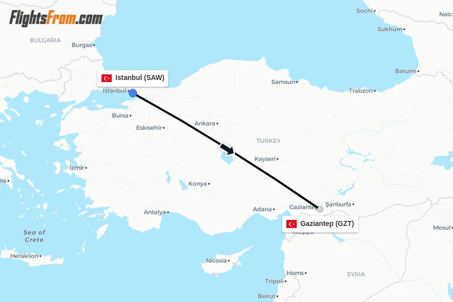 Flights from Istanbul to Gaziantep route map