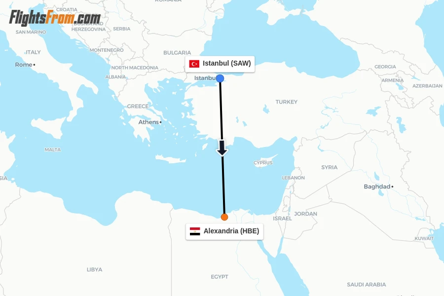 Flights from Istanbul to Alexandria route map