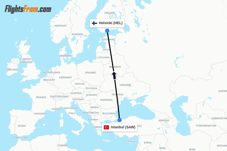 Flights from Istanbul to Helsinki route map
