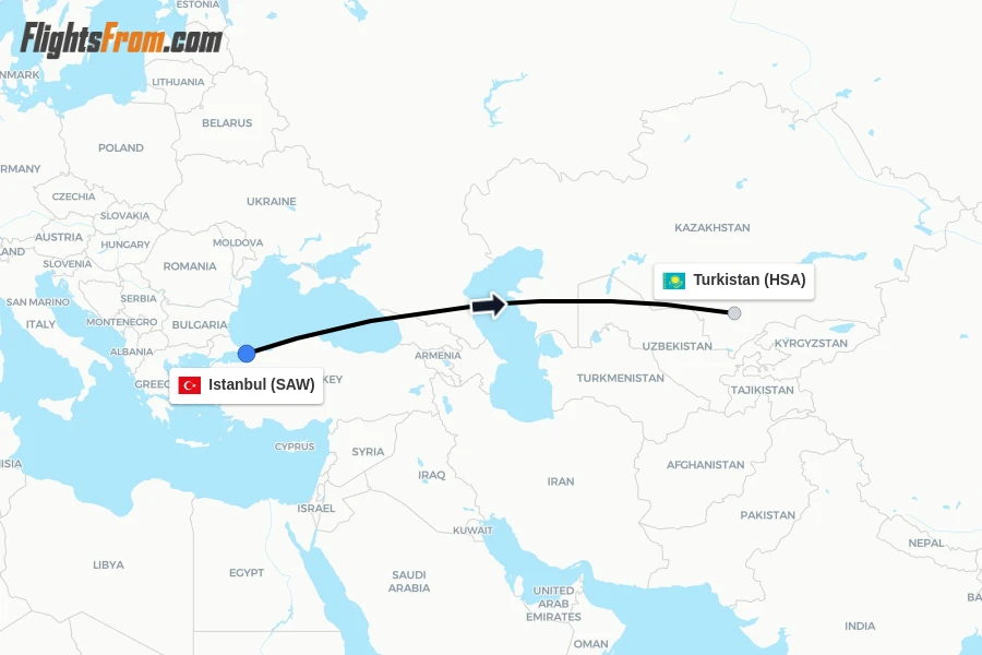 Flights from Istanbul to Turkistan route map