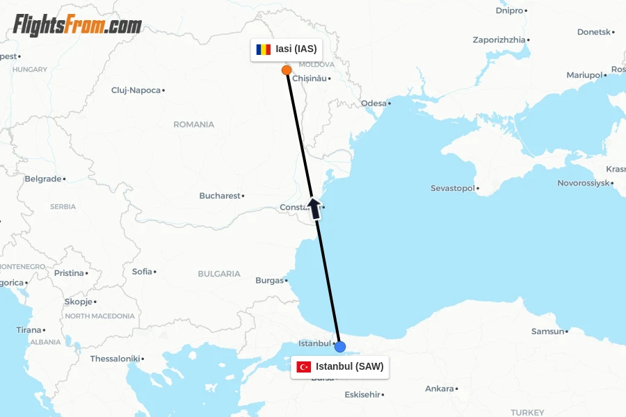 Flights from Istanbul to Iasi route map