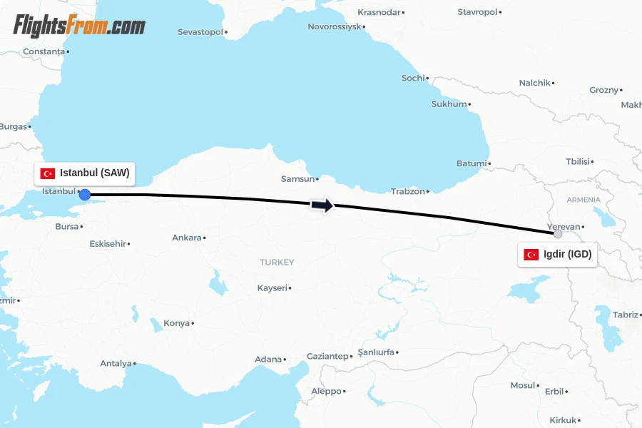Flights from Istanbul to Igdir route map