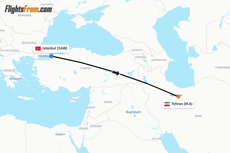 Flights from Istanbul to Tehran route map