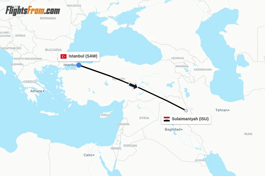 Flights from Istanbul to Sulaimaniyah route map
