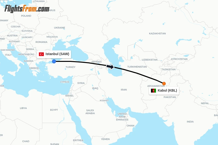 Flights from Istanbul to Kabul route map