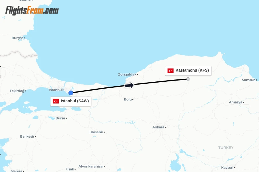 Flights from Istanbul to Kastamonu route map