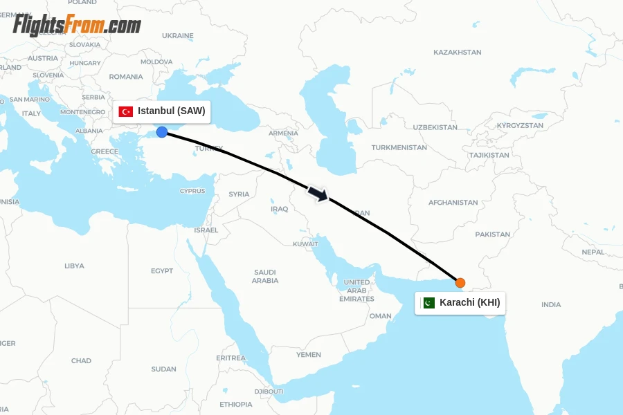 Flights from Istanbul to Karachi route map