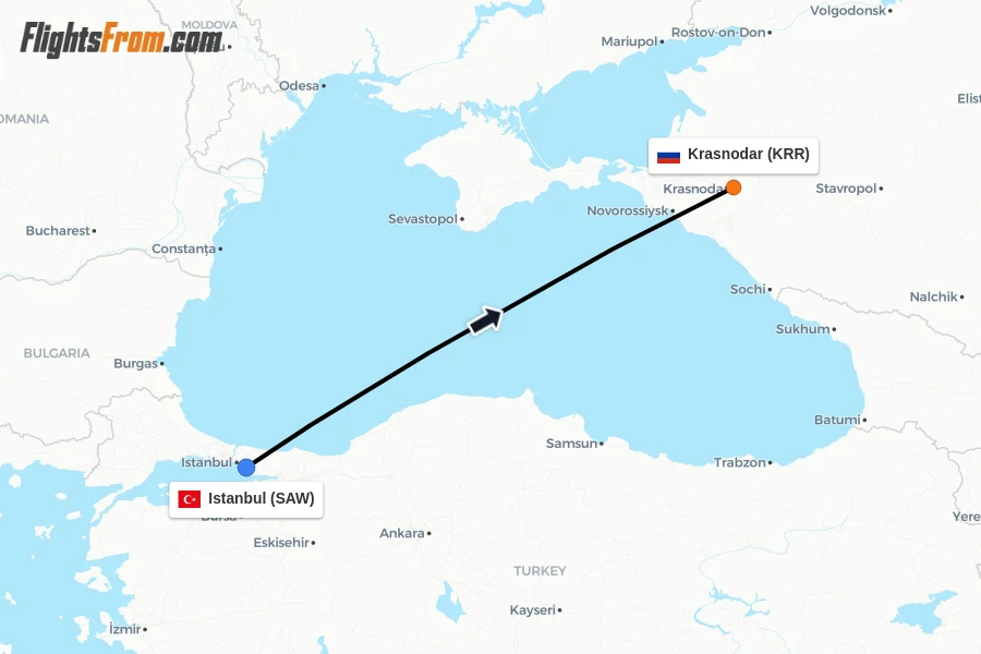 Flights from Istanbul to Krasnodar route map