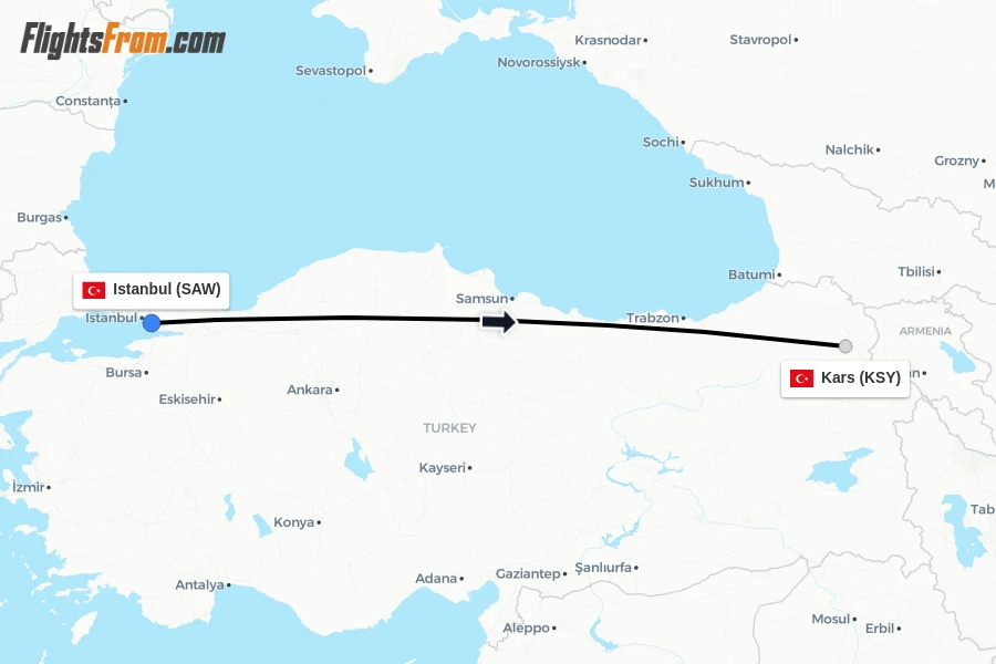 Flights from Istanbul to Kars route map