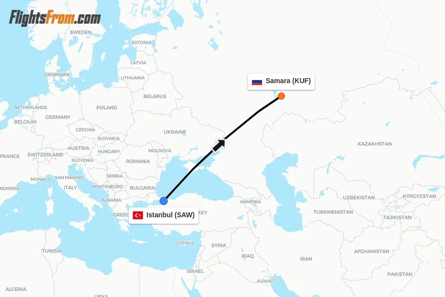 Flights from Istanbul to Samara route map