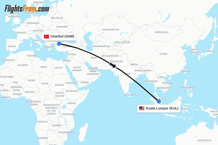 Flights from Istanbul to Kuala Lumpur route map