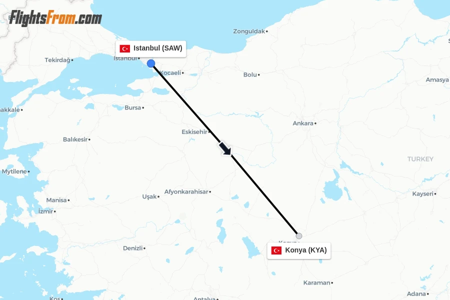 Flights from Istanbul to Konya route map