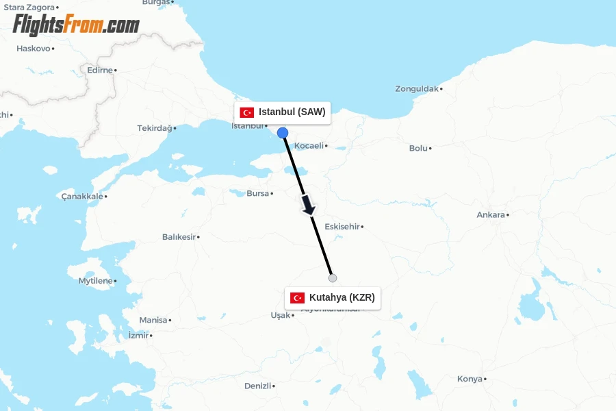 Flights from Istanbul to Kutahya route map