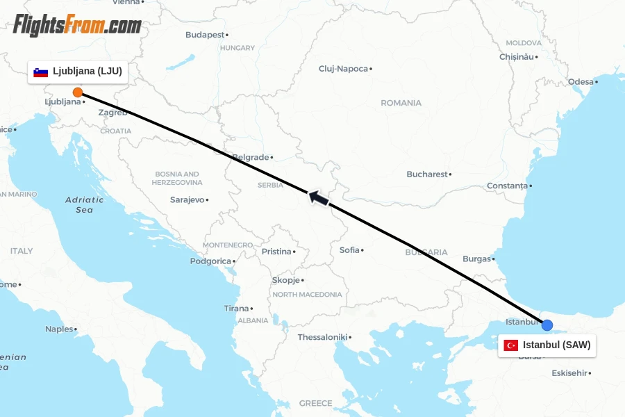 Flights from Istanbul to Ljubljana route map