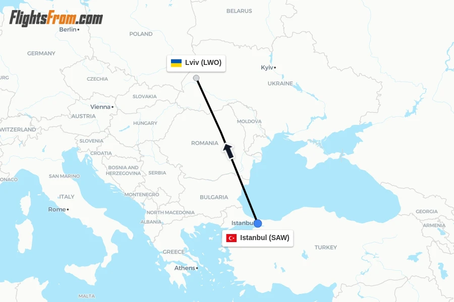 Flights from Istanbul to Lviv route map