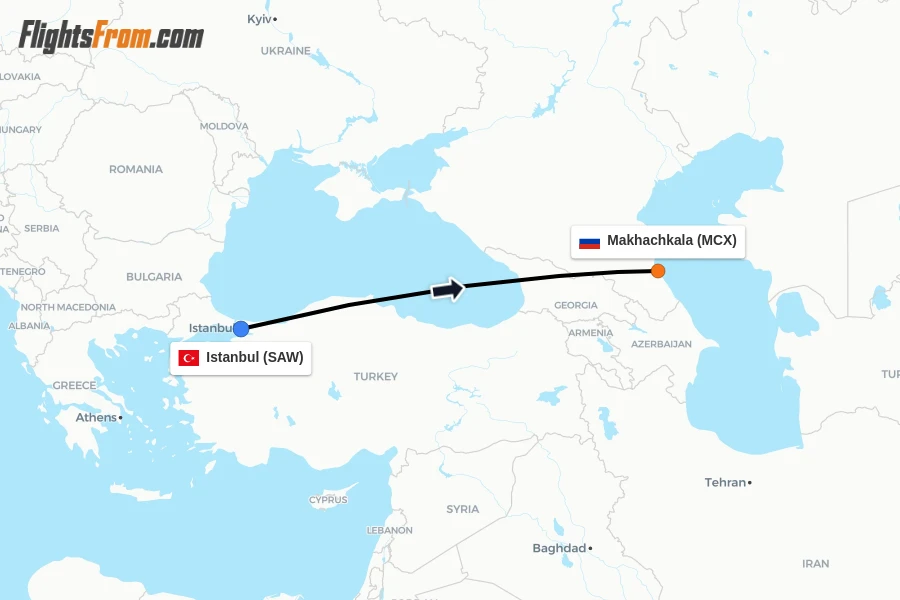 Flights from Istanbul to Makhachkala route map
