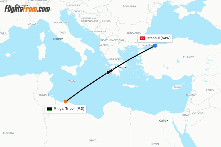 Flights from Istanbul to Mitiga, Tripoli route map