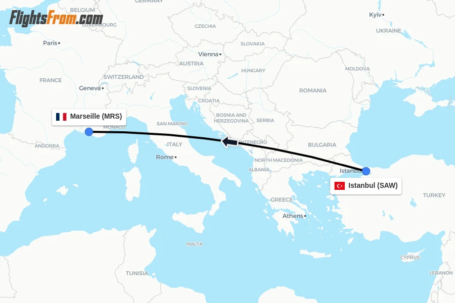 Flights from Istanbul to Marseille route map