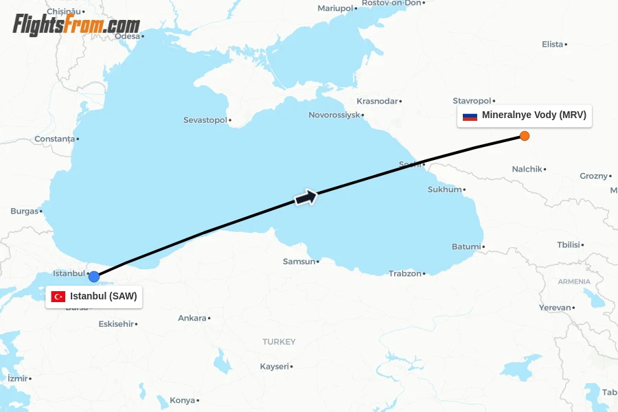 Flights from Istanbul to Mineralnye Vody route map