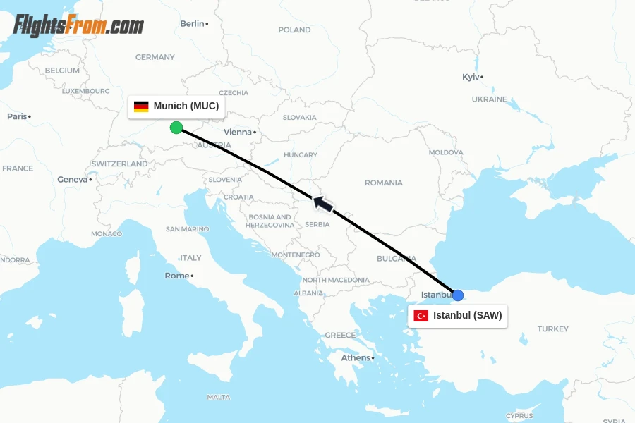 Flights from Istanbul to Munich route map