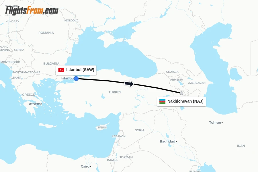 Flights from Istanbul to Nakhichevan route map