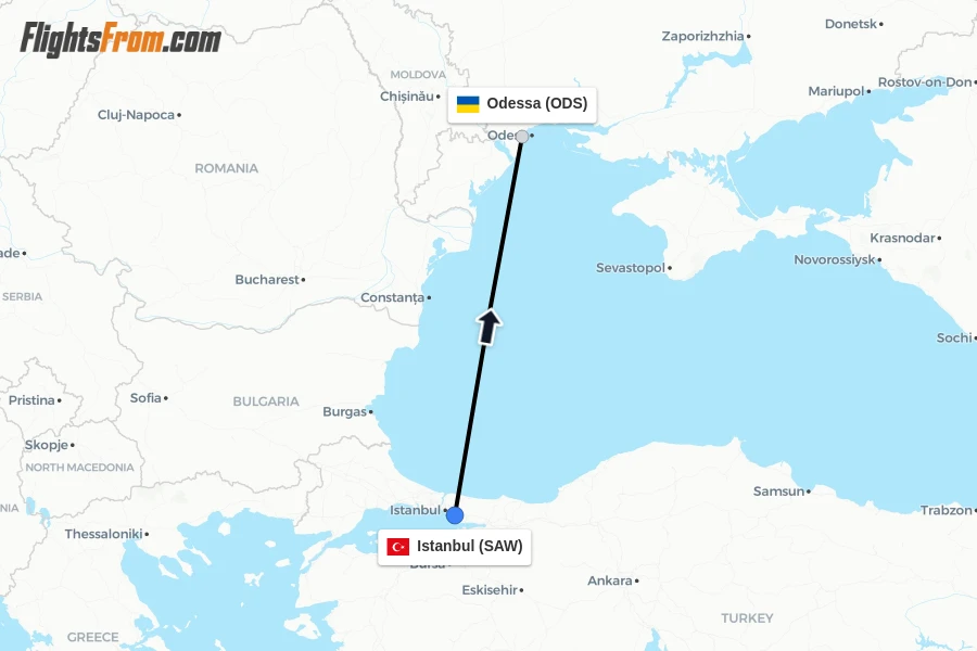 Flights from Istanbul to Odessa route map