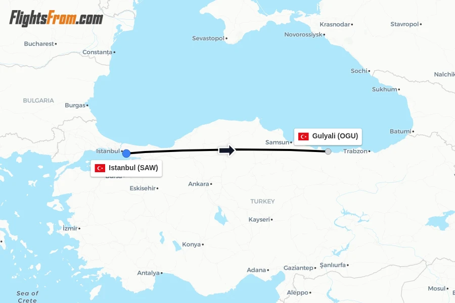 Flights from Istanbul to Gulyali route map