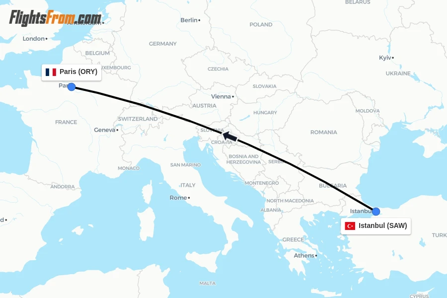 Flights from Istanbul to Paris route map