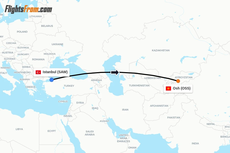 Flights from Istanbul to Osh route map