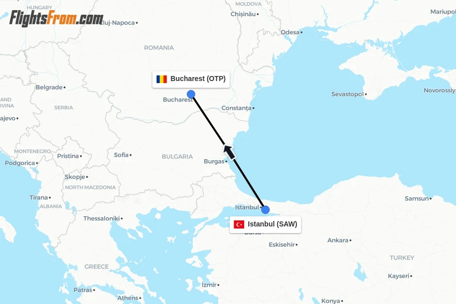 Flights from Istanbul to Bucharest route map