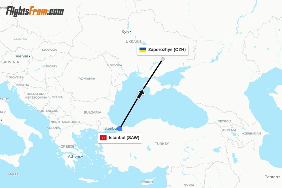 Flights from Istanbul to Zaporozhye route map