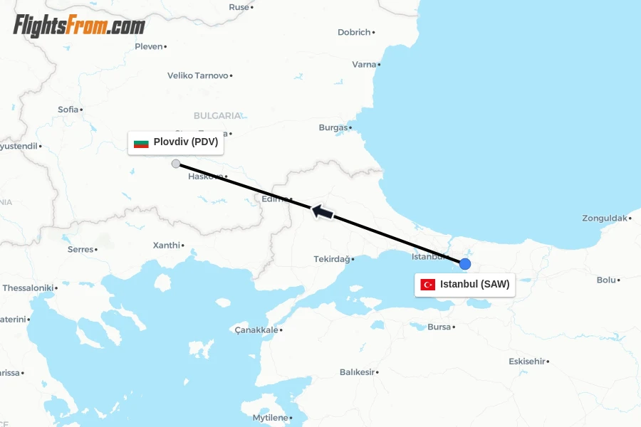 Flights from Istanbul to Plovdiv route map