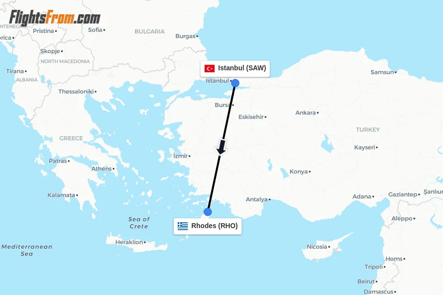 Flights from Istanbul to Rhodes route map