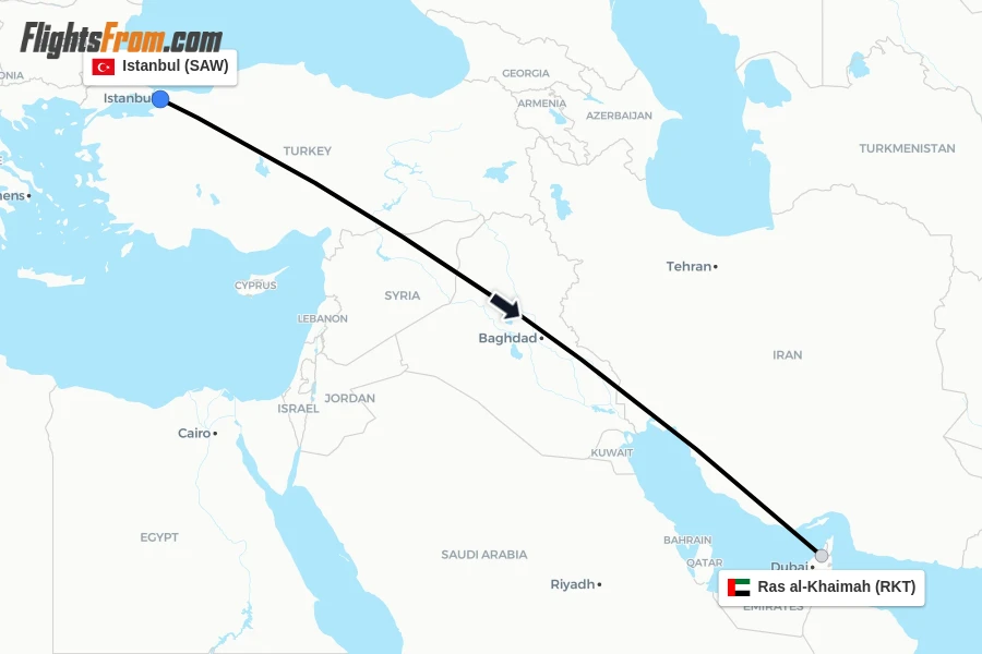 Flights from Istanbul to Ras al-Khaimah route map
