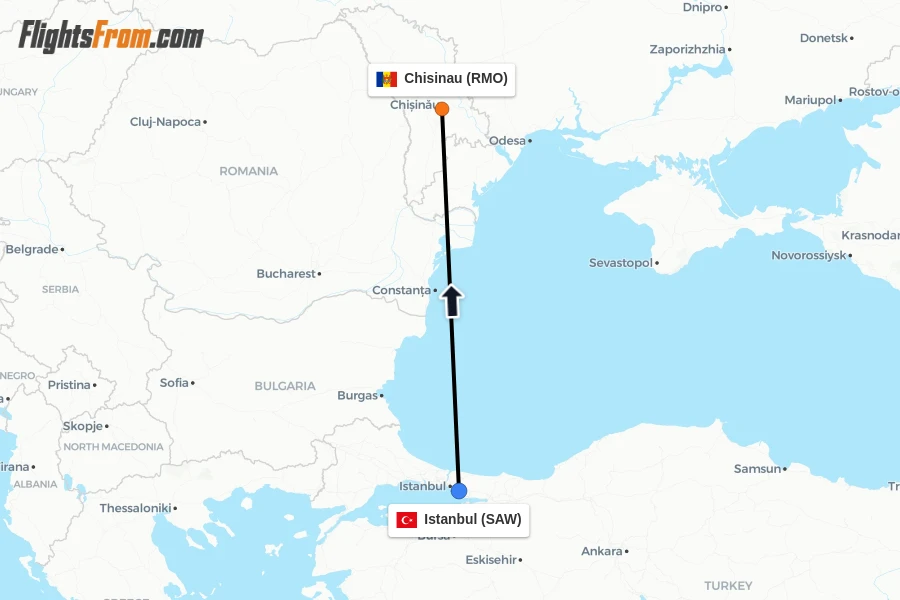 Flights from Istanbul to Chisinau route map